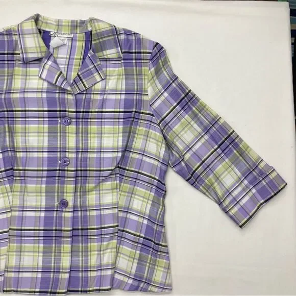 Dress Barn Blazer SZ L Purple Green 3/4 Sleeves Plaid Office Wear Vintage Light - Picture 3 of 10